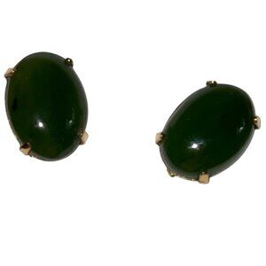Vintage 12K Gold Filled Screw Back Jade Earrings Oval Cabochon Green Gemstone Cl